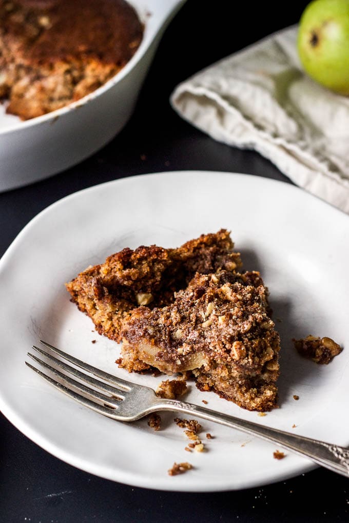 Pear & Walnut Buckle with Cinnamon-Whiskey Whip - an EASY rustic fall dessert! #glutenfree #refinedsugarfree | saltedplains.com