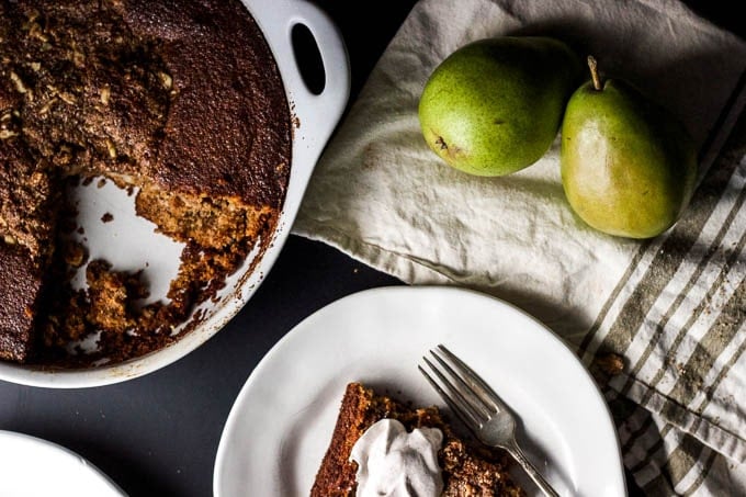 Pear & Walnut Buckle with Cinnamon-Whiskey Whip - an EASY rustic fall dessert! #glutenfree #refinedsugarfree | saltedplains.com