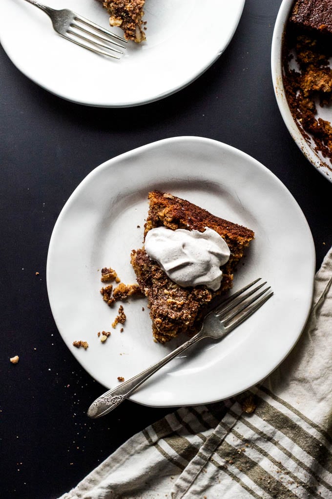 Pear & Walnut Buckle with Cinnamon-Whiskey Whip - an EASY rustic fall dessert! #glutenfree #refinedsugarfree | saltedplains.com