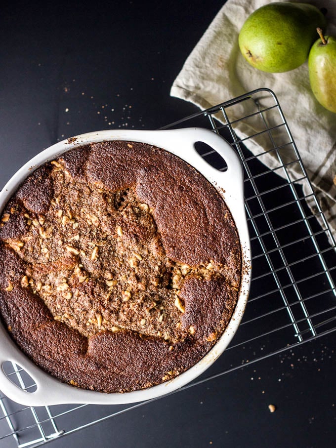 Pear & Walnut Buckle with Cinnamon-Whiskey Whip - an EASY rustic fall dessert! #glutenfree #refinedsugarfree | saltedplains.com