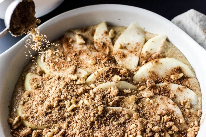 Pear & Walnut Buckle with Cinnamon-Whiskey Whip - an EASY rustic fall dessert! #glutenfree #refinedsugarfree | saltedplains.com