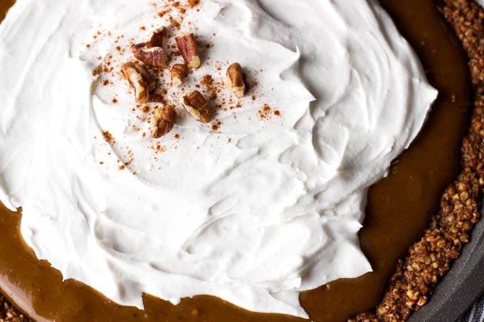 Pumpkin Cream Pie with Coconut-Pecan Crust is a simple holiday dessert! Gluten-free + Vegan | saltedplains.com