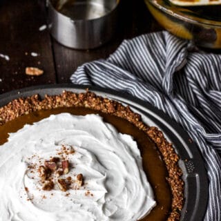 Pumpkin Cream Pie with Coconut-Pecan Crust is a simple holiday dessert! Gluten-free + Vegan | saltedplains.com
