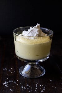 A goblet filled with pineapple mousse.