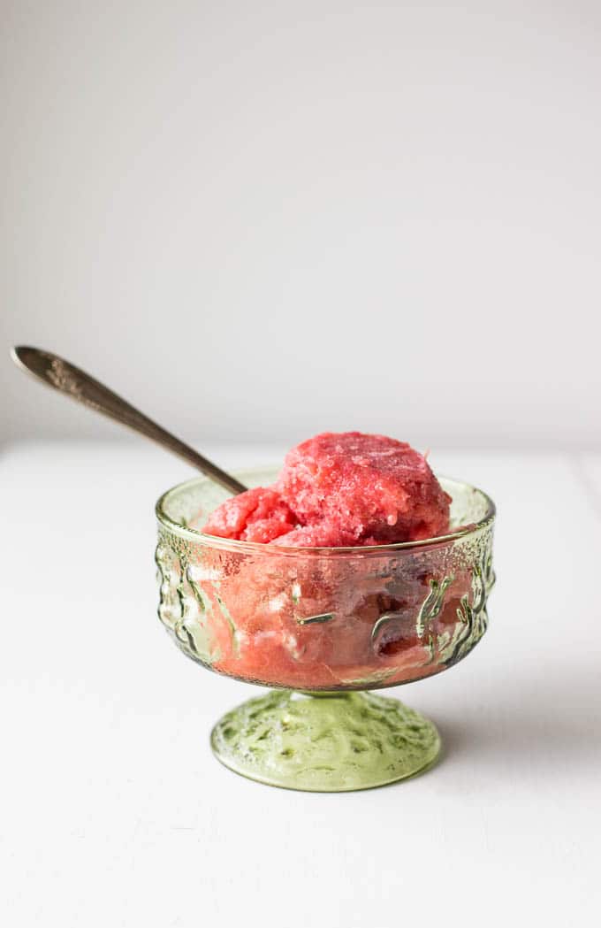 strawberry sorbet in green cup