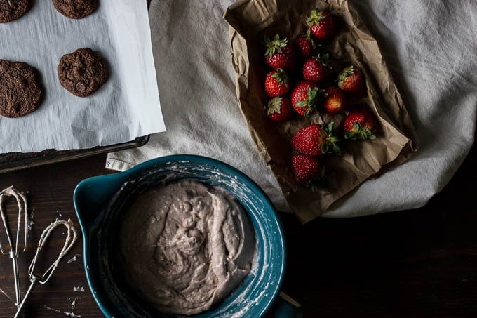 Double Chocolate Chip Cookies with Strawberry-Coconut Cream | saltedplains.com #glutenfree #paleo