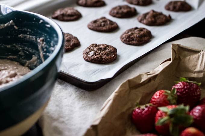 Double Chocolate Chip Cookies with Strawberry-Coconut Cream | saltedplains.com #glutenfree #paleo