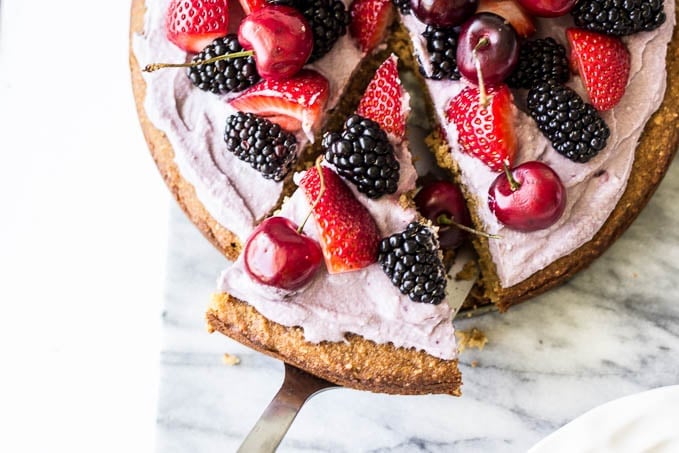 Coconut Cake with Blackberry-Coconut Whipped Cream and Mixed Berries #glutenfree | saltedplains.com