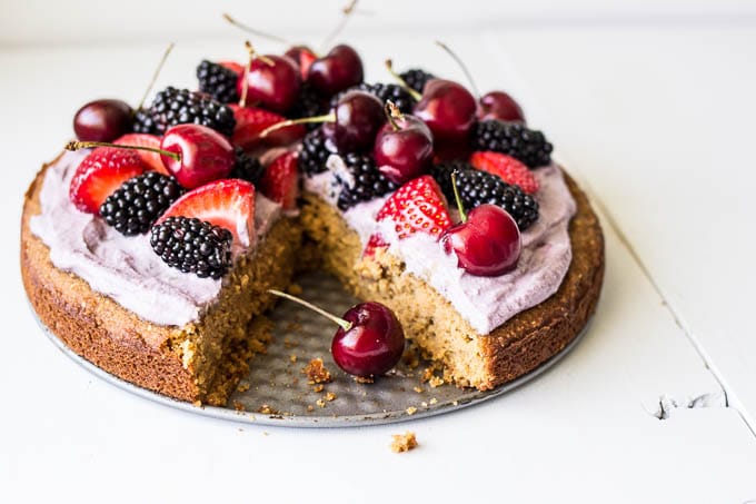 Coconut Cake with Blackberry-Coconut Whipped Cream and Mixed Berries #glutenfree | saltedplains.com