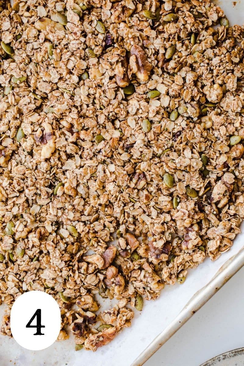 Baked granola in a pan. 