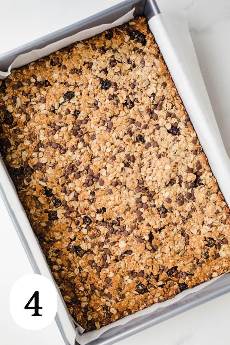 Freshly baked in oats in a rectangular pan.