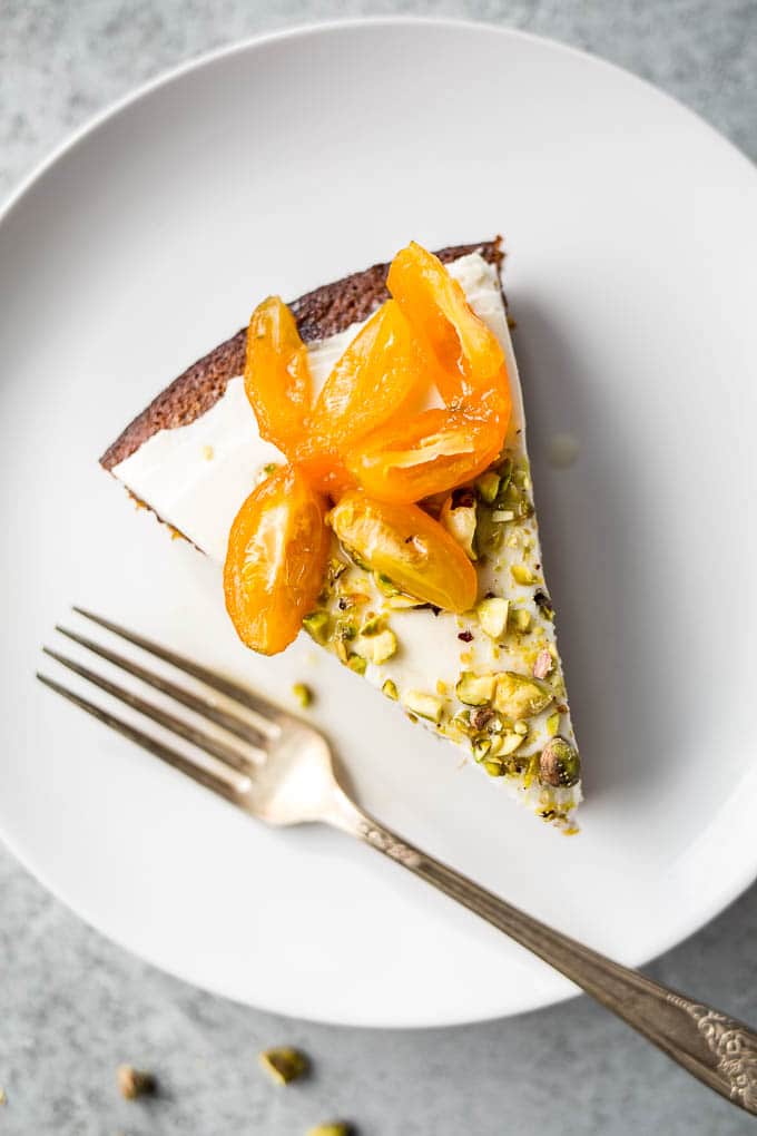 Pistachio Olive Oil Cake with Honeyed Kumquats (Gluten-Free) | saltedplains.com