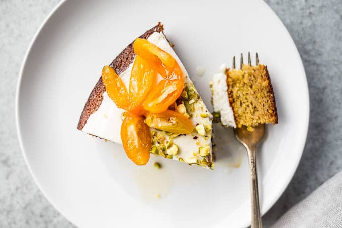 Pistachio Olive Oil Cake with Honeyed Kumquats (Gluten-Free) | saltedplains.com