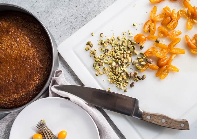 Pistachio Olive Oil Cake with Honeyed Kumquats (Gluten-Free) | saltedplains.com