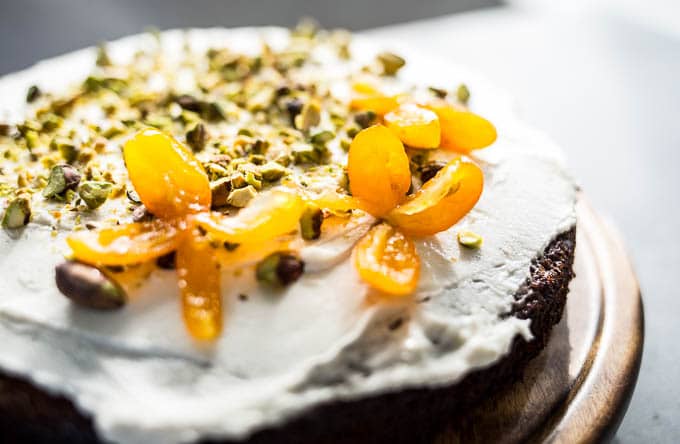 Pistachio Olive Oil Cake with Honeyed Kumquats (Gluten-Free) | saltedplains.com