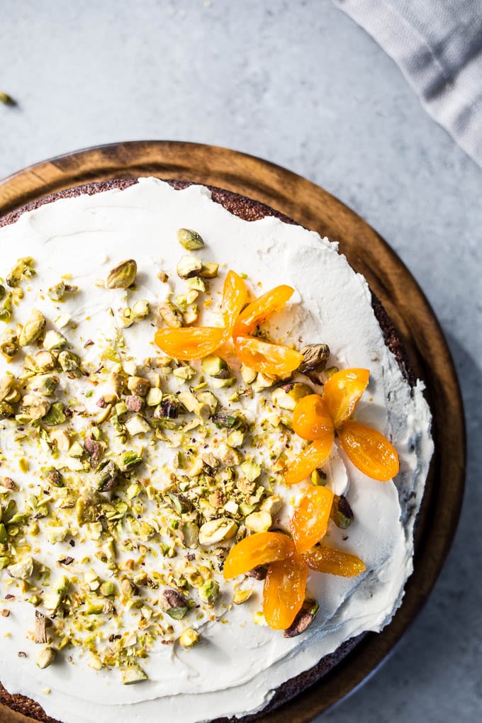 Pistachio Olive Oil Cake with Honeyed Kumquats (Gluten-Free) | saltedplains.com