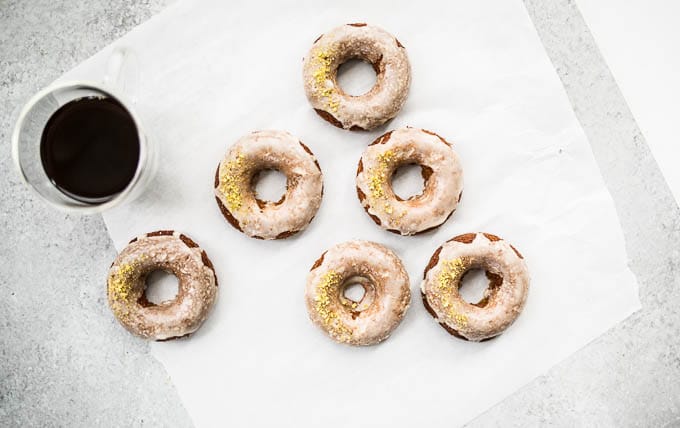 Irish Coffee Cake Donuts with glaze and pistachios.