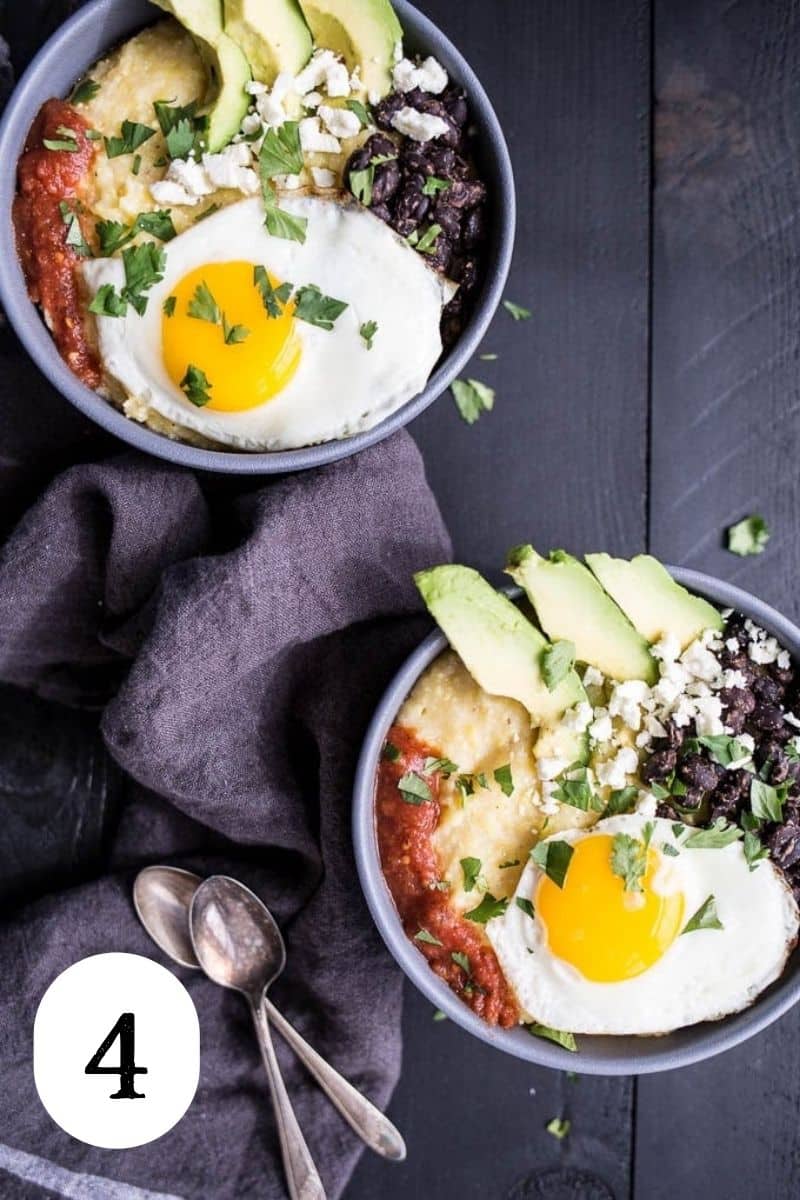 Two breakfast polenta bowls with eggs. 