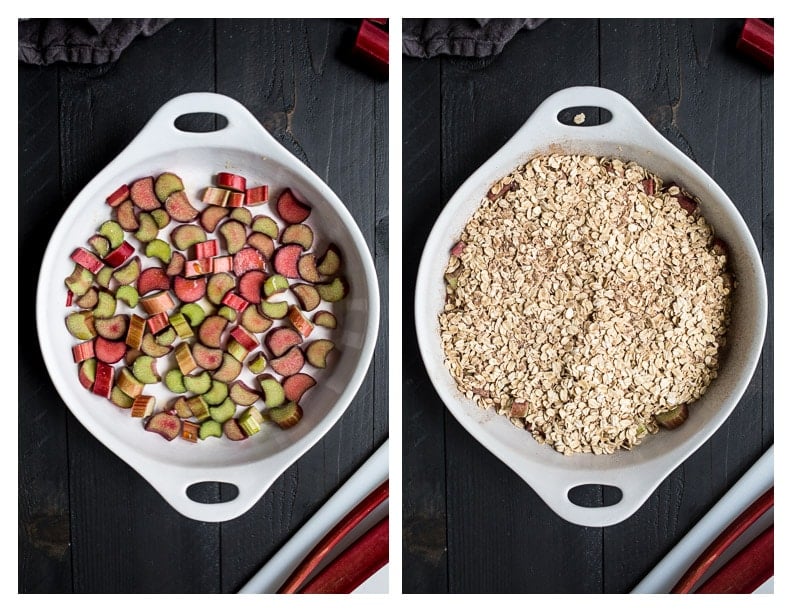 Rhubarb and oats in side-by-side baking dishes.
