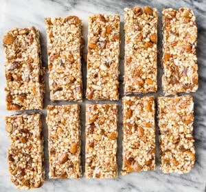 No bake granola bars on a marble surface.