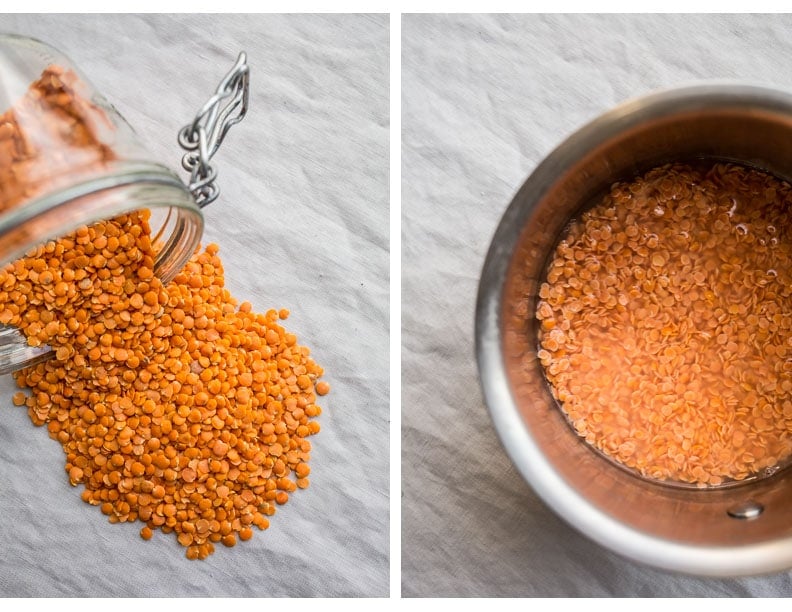 Red lentils in a glass jar and saucepan.