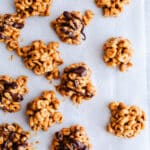 Peanut butter bites on a baking sheet.