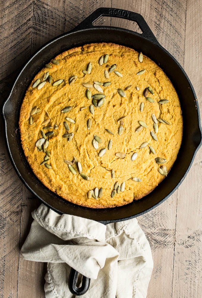 Cornbread in a cast iron skillet.