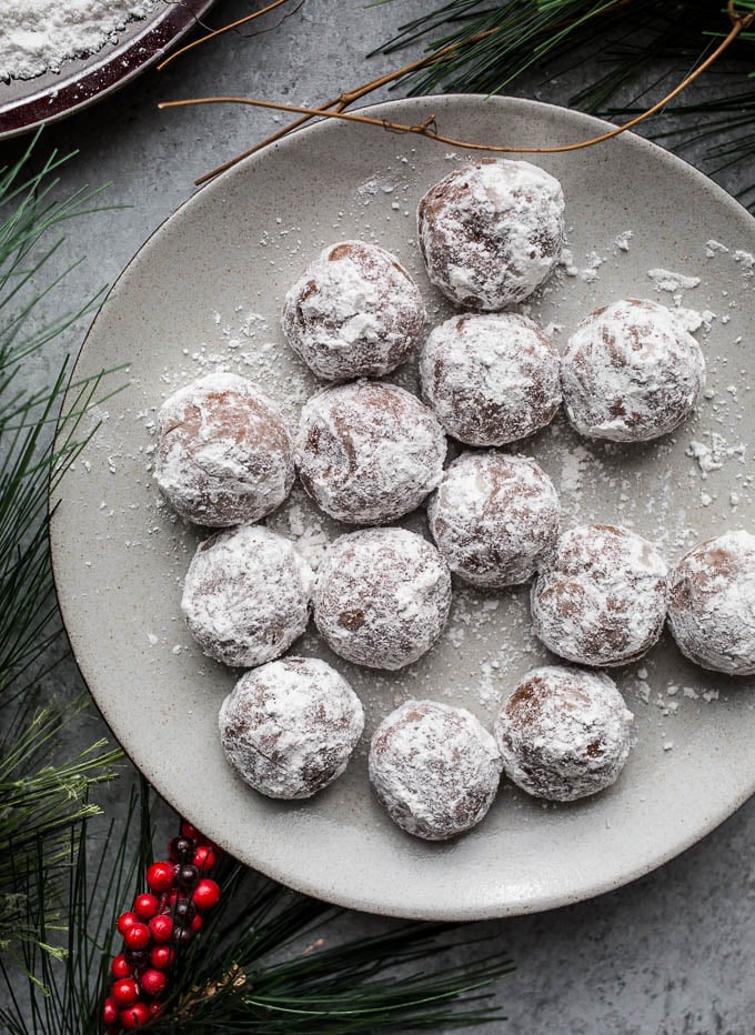 Chocolate Peppermint Snowball Cookies Recipe (gluten-free) | saltedplains.com