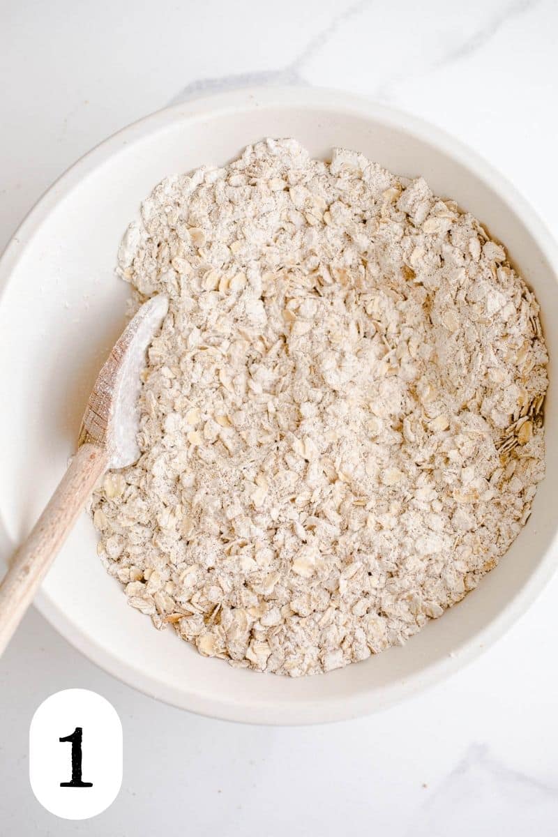 Oats and flour in a mixing bowl.
