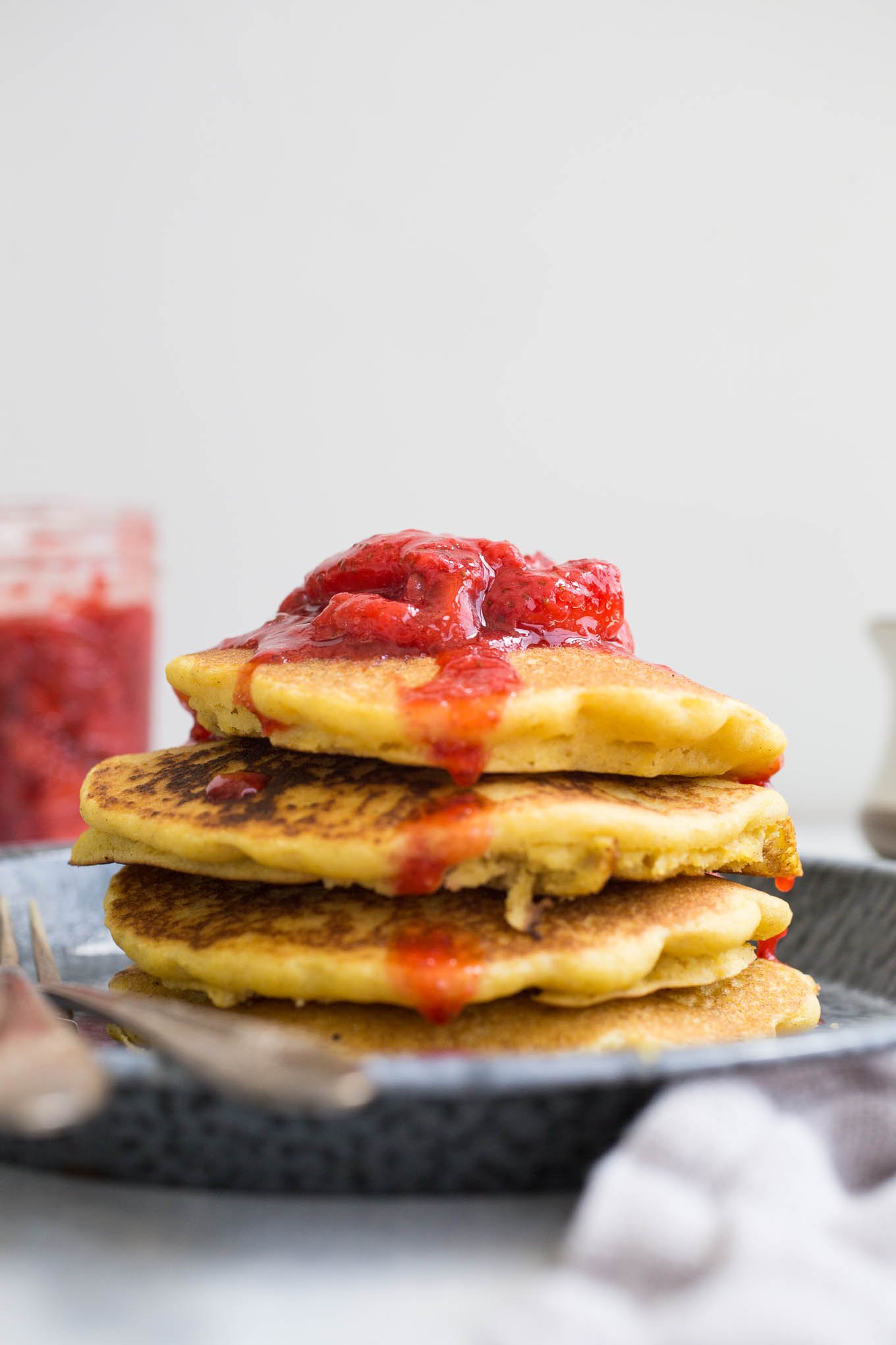 Corn Flour Pancakes with Strawberry Compote (gluten-free, dairy-free) | saltedplains.com