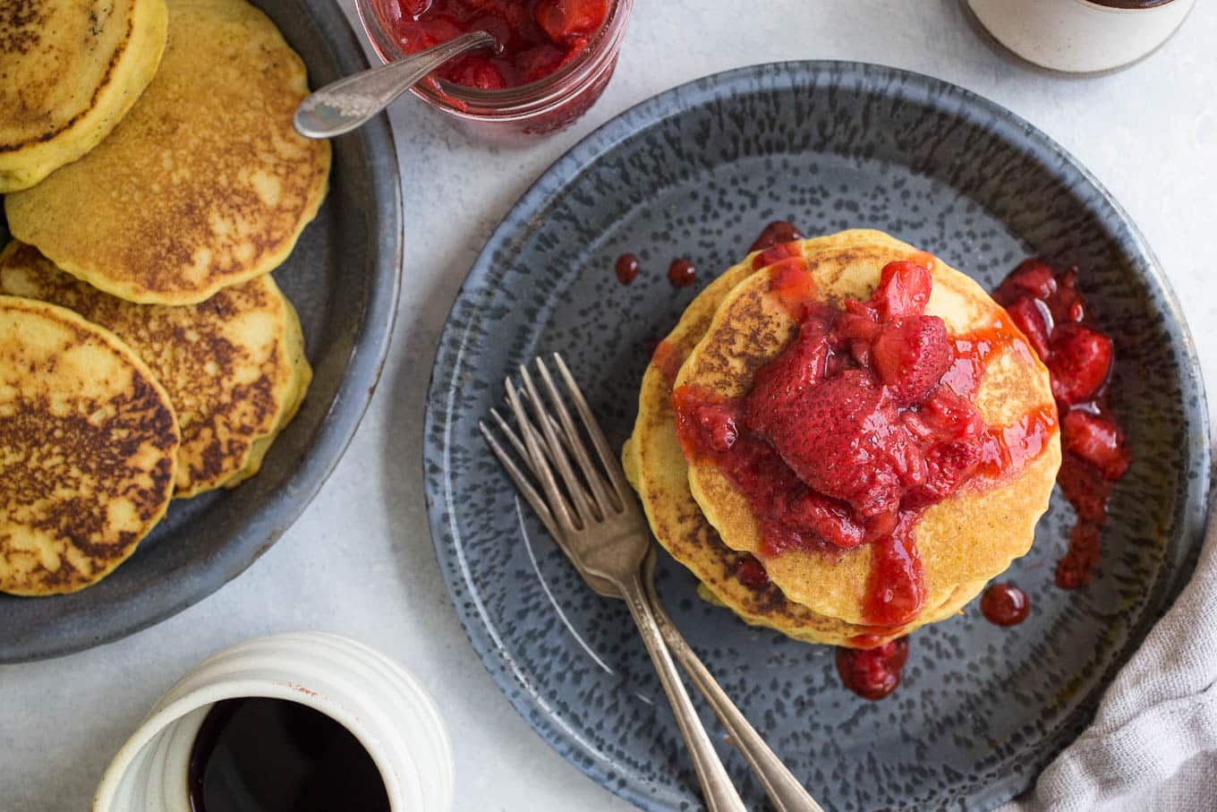 Corn Flour Pancakes with Strawberry Compote (gluten-free, dairy-free) | saltedplains.com