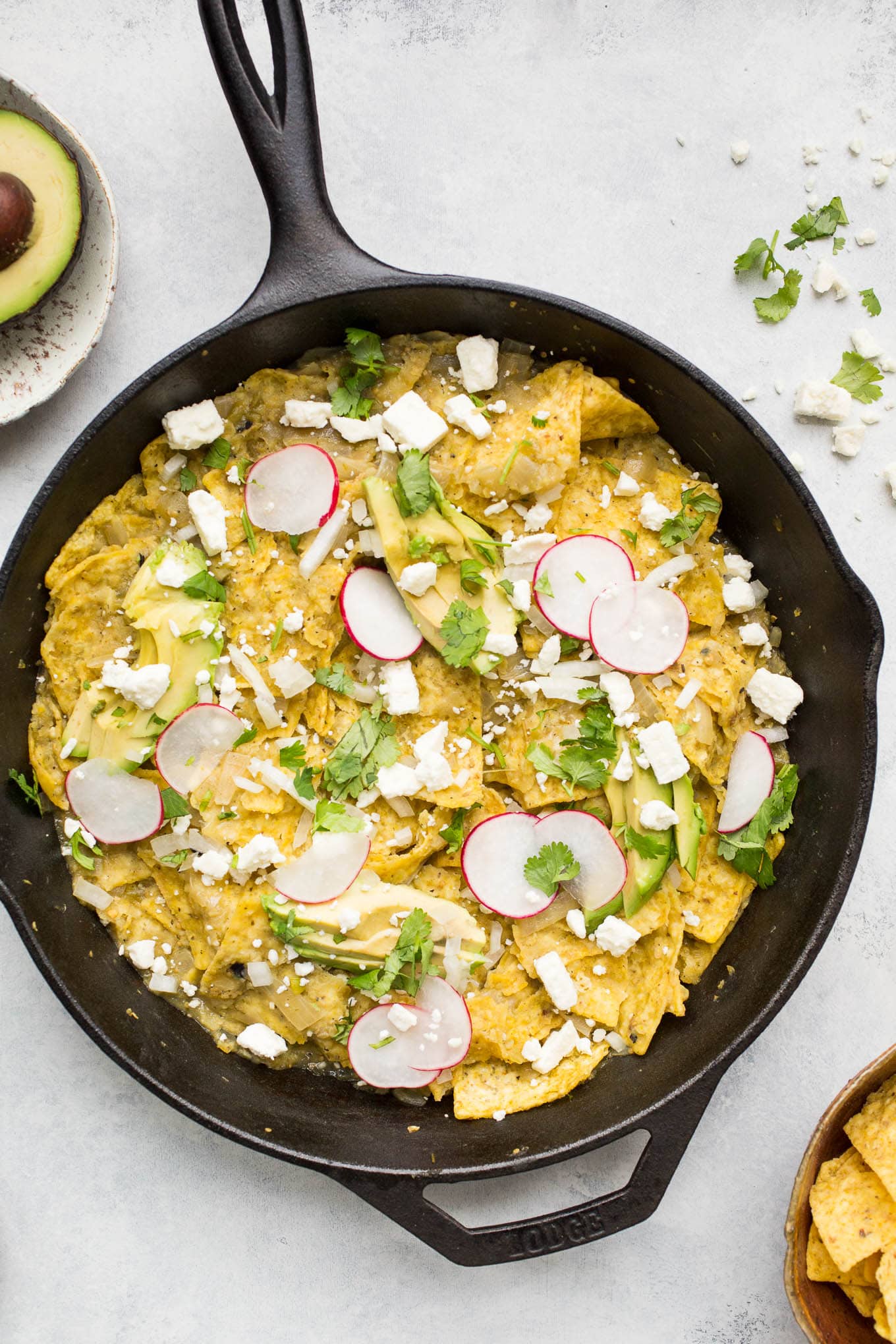 Chilaquiles in a cast iron pan.