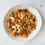 Seasoned nuts and seeds in a bowl.