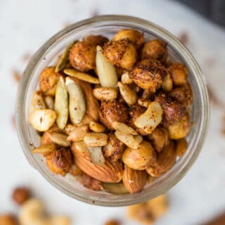 Spicy Roasted Chickpea Snack Mix is a savory trail mix loaded with nuts and seeds for on the go!
