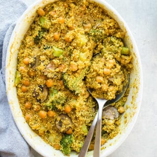 Curried Coconut Quinoa Bake makes for an easy, one-pot weeknight meal. Gluten-free, vegan.