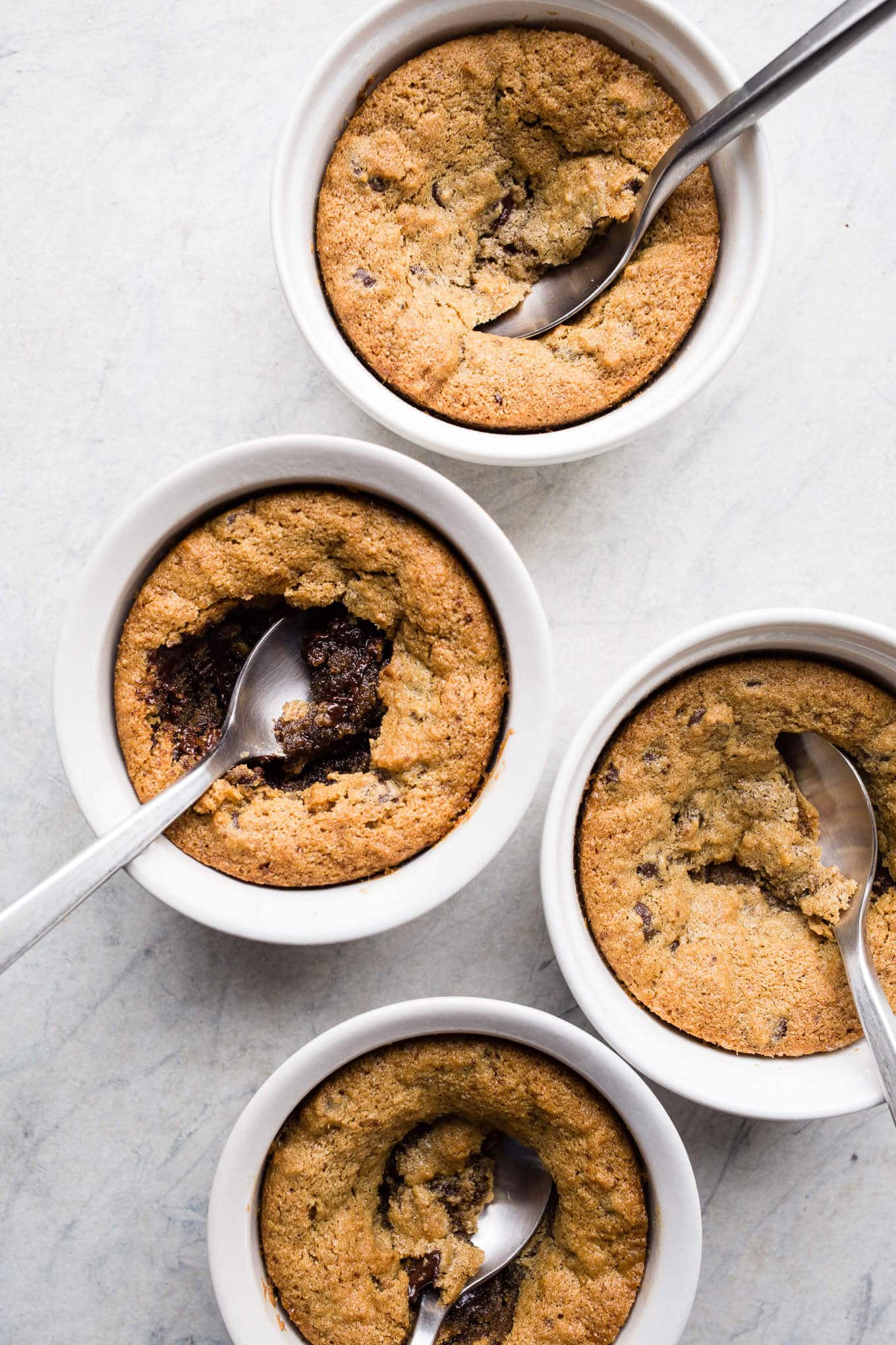 Chocolate chip cookie pots in small ramekins.