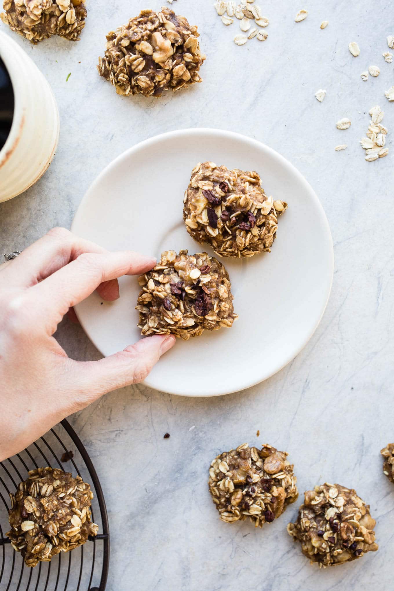4-Ingredient Banana Bread Cookies with walnuts and cacao nibs are naturally sweetened for a healthy cookie perfect for breakfast, snack, or dessert! Gluten-free, vegan. 