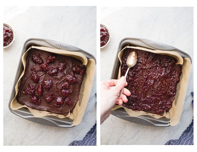 A layer of brownie, a layer of raspberry jam, and a layer of chocolate ganache make up these delicious Raspberry Truffle Brownies. Gluten-Free and dairy-free. 