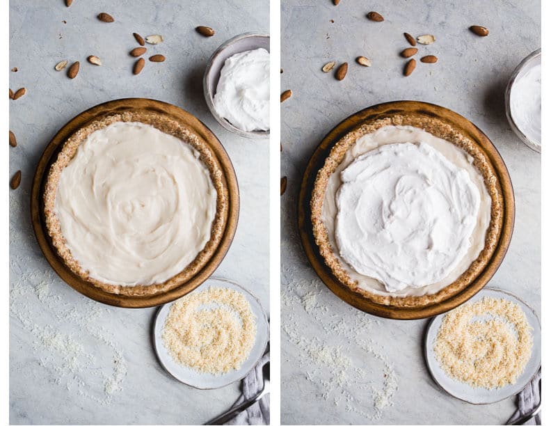 This No-Bake Coconut Cream Pie is made with a sprouted almond press-in crust, coconut milk pudding filling, and topped coconut cream and toasted shredded coconut. Gluten-free, vegan.