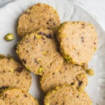 Gluten-Free Pistachio Shortbread Cookies are made with gluten-free flours, raw pistachios, and chopped chocolate for a sweet, buttery treat.