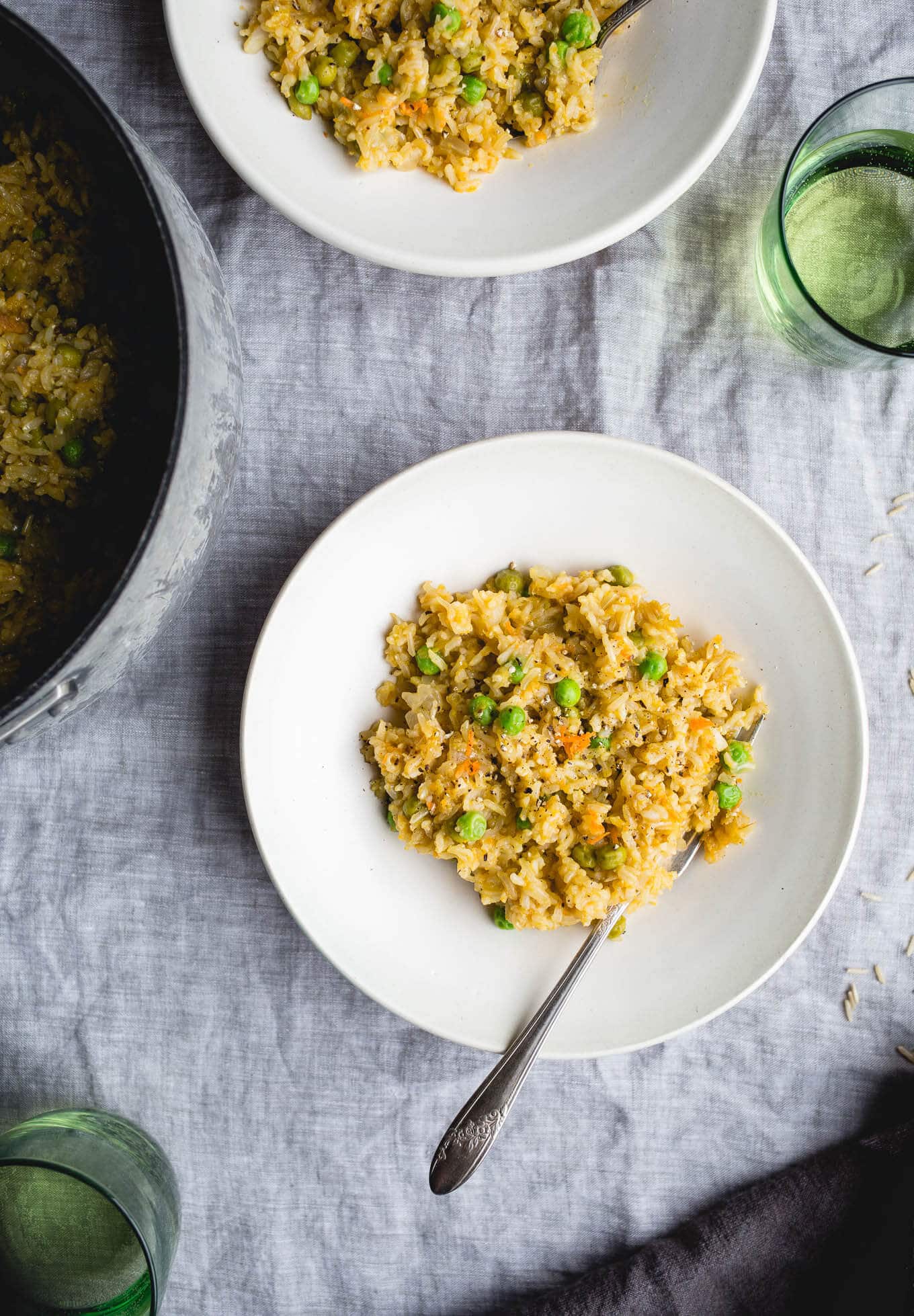 Brown Rice Risotto with Peas and Carrots is a gluten-free and vegan one-pot meal made with simple ingredients. 