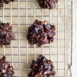 Chocolate Oatmeal No Bake Cookies are made with coconut, gluten-free oats, cocoa powder, walnuts, and sweetened with coconut sugar. A healthy no bake cookie recipe that is gluten-free and vegan. #glutenfree