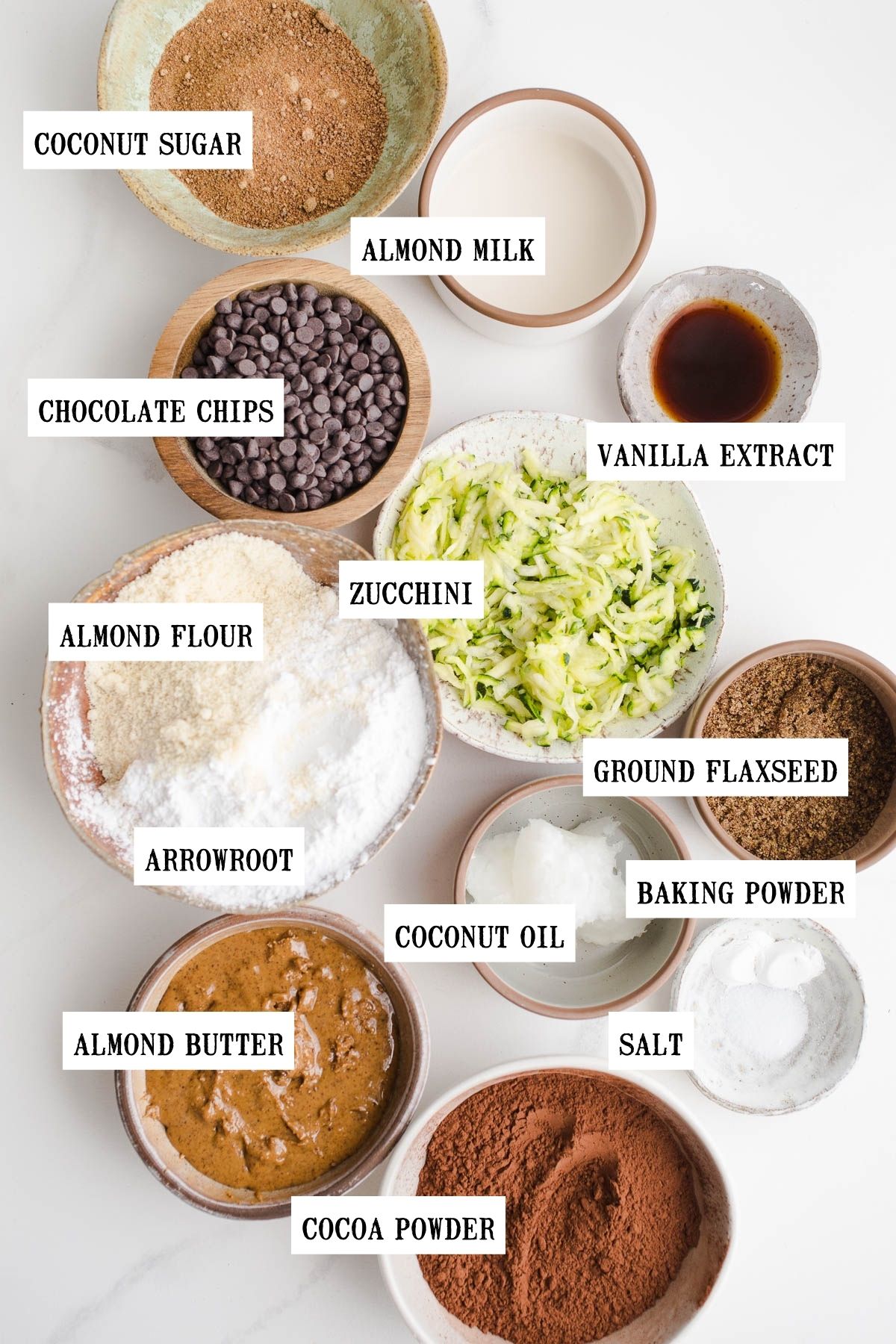 Ingredients to make chocolate veggie muffins in small bowls.