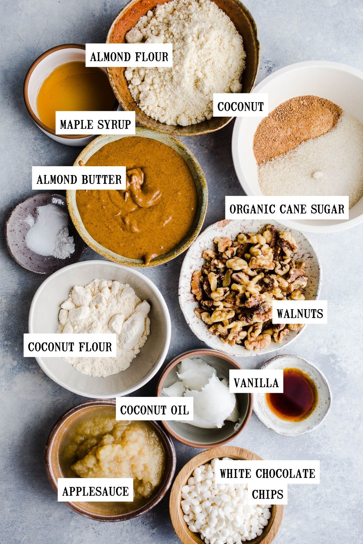 Ingredients to make blondies in small bowls.