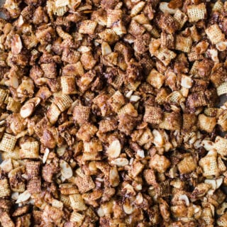 Coconut Chocolate Chex Party Mix is an easy dairy-free sweet chex mix made with coconut butter and maple syrup. A healthier gluten-free and vegan chex mix recipe!