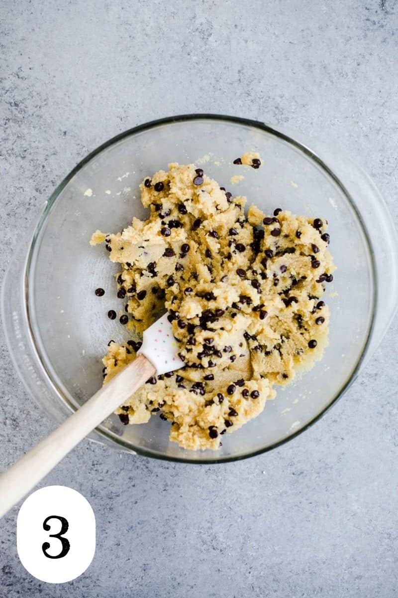Cookie dough in a glass bowl.