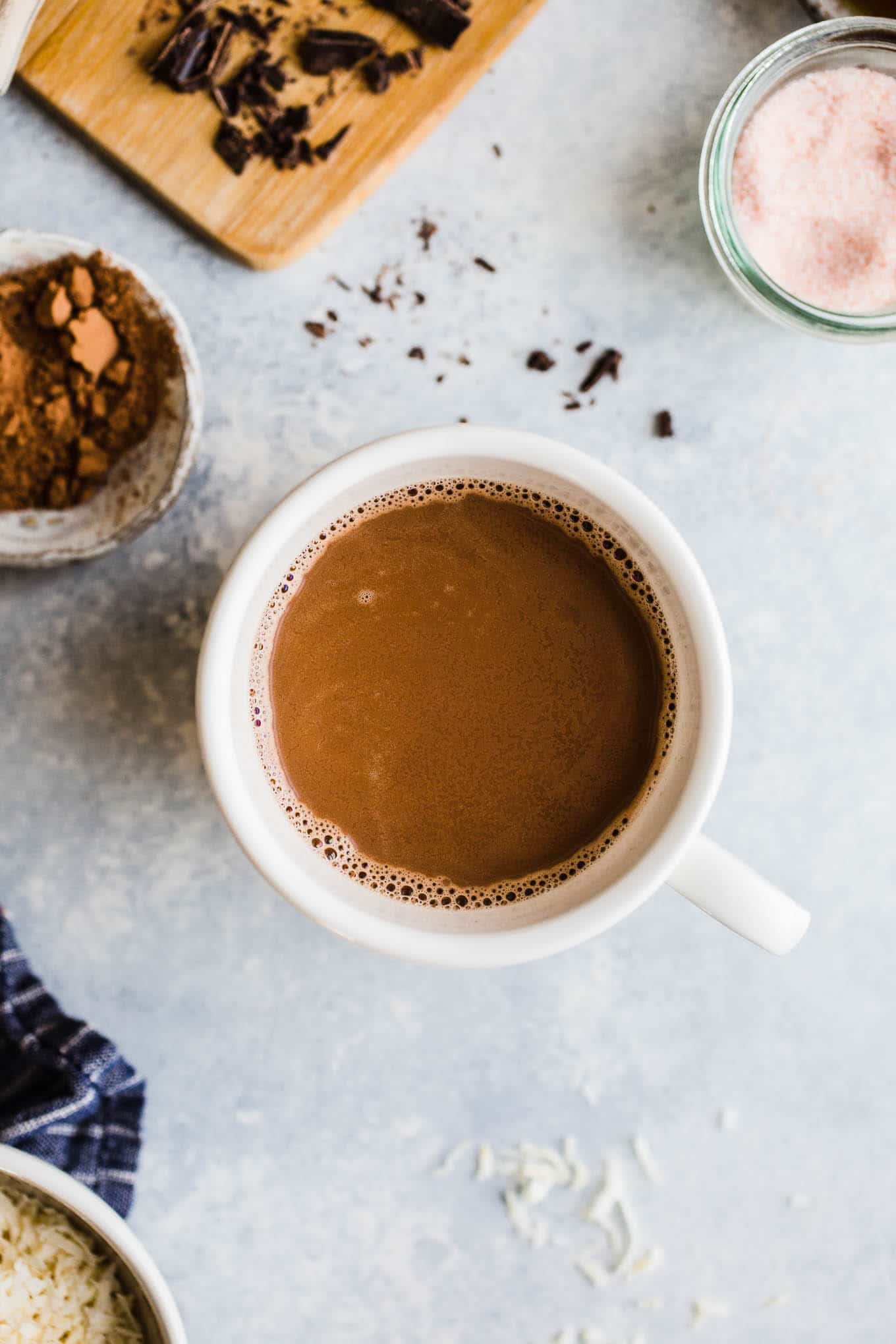 Toasted coconut hot chocolate in a mug.