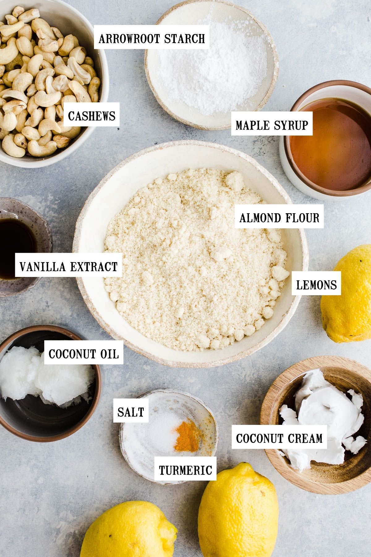 Ingredients for lemon bars in small bowls.