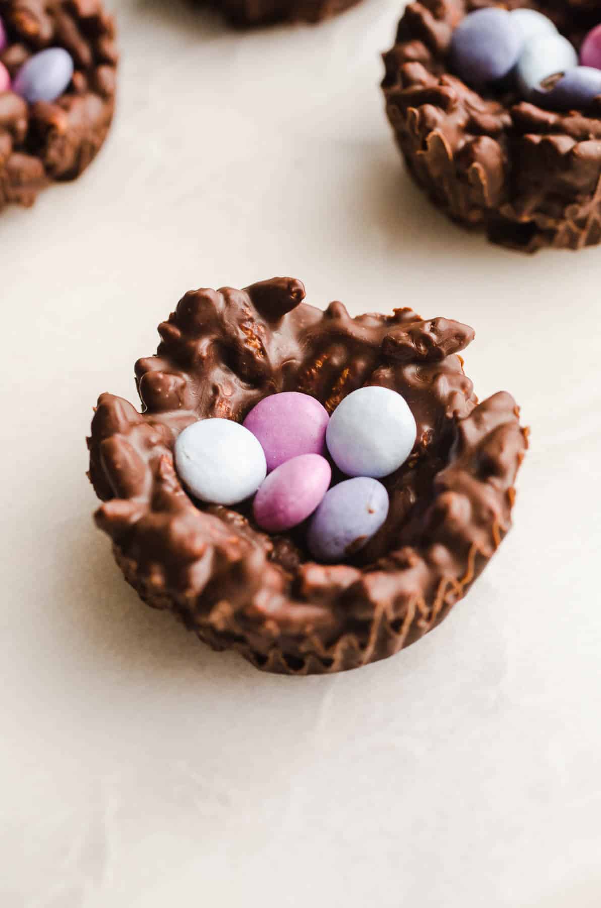 A chocolate nest cookie with chocolate gems.