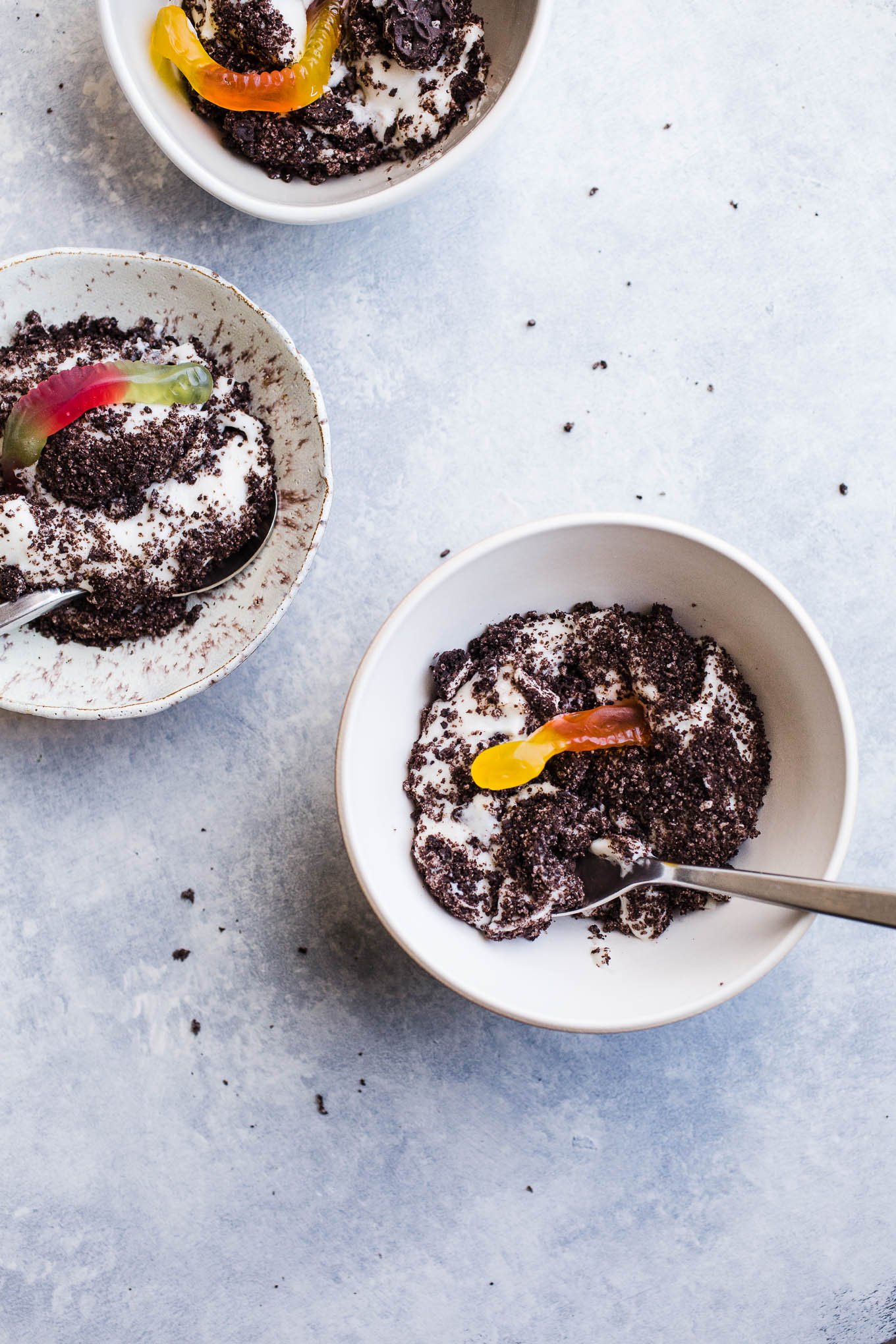 Oreo cake in small white bowls. 